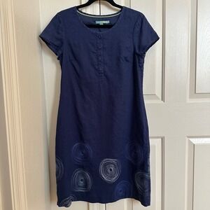 Boden Navy Blue Linen Blend Short‎ Sleeve Button Neck Dress Circle Embroidery